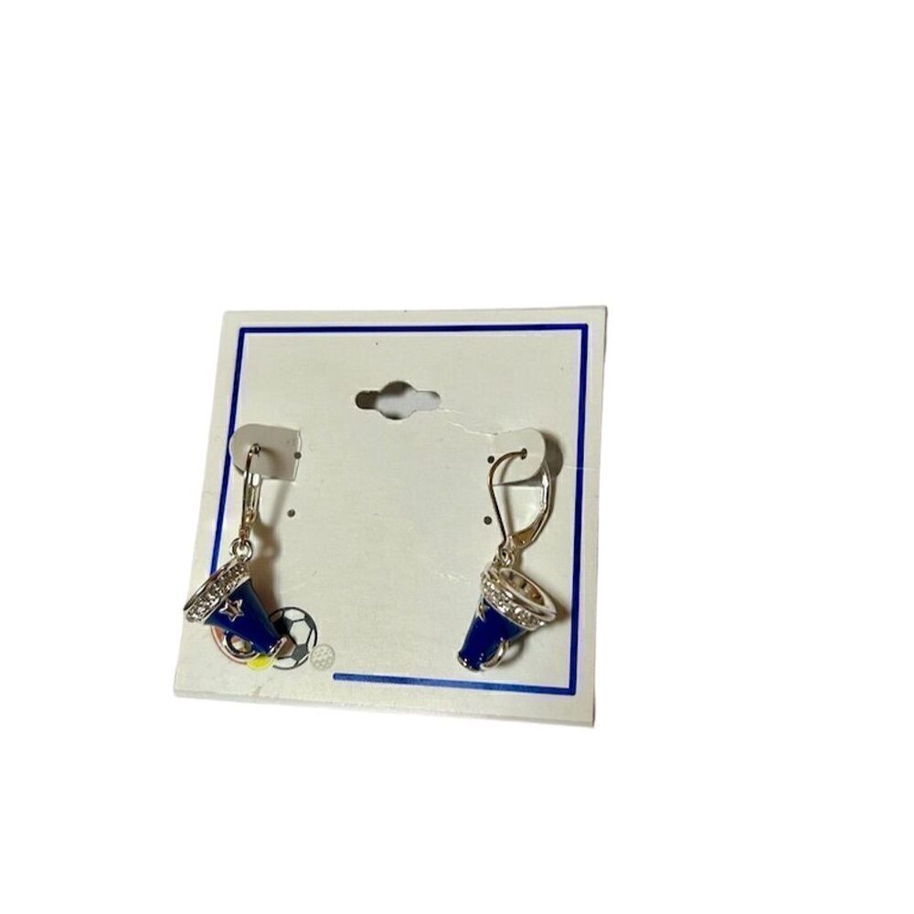 Blue Enamel Crystal Megaphone Cheer Earrings Team Spirit Jewelry